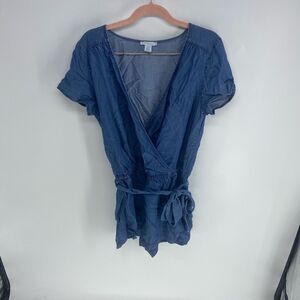 Daily Ritual Women’s Blue Faux Wrap Short Sleeve Romper Size 8